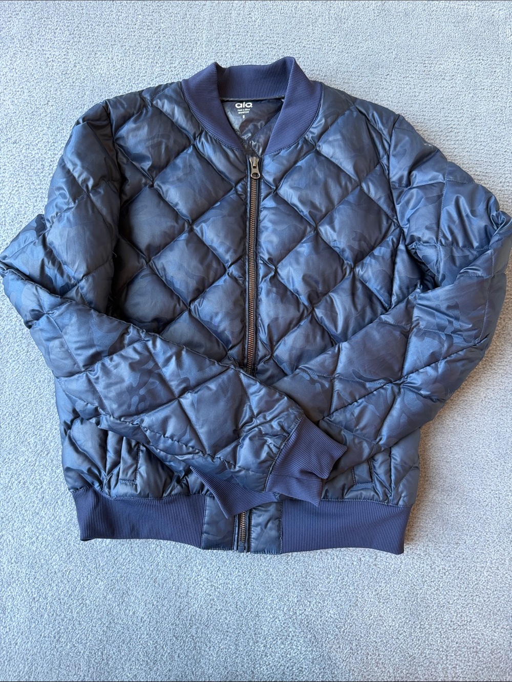 ALO Yoga Diamond-Quilted Navy Camo Bomber Jacket